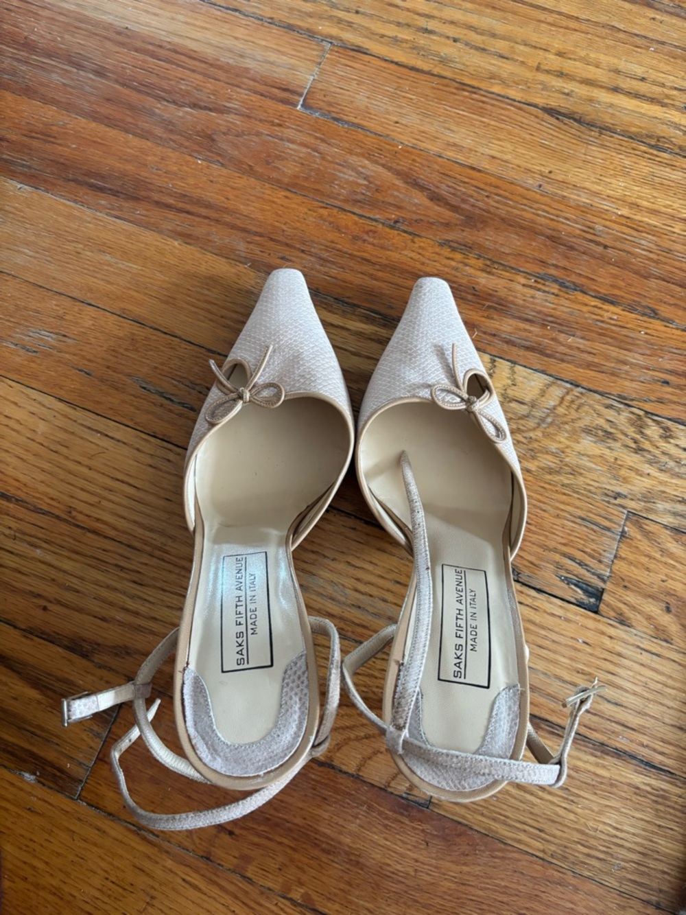 Saks Fifth Avenue Beige Pointed-Toe Slingback Flats with Bow